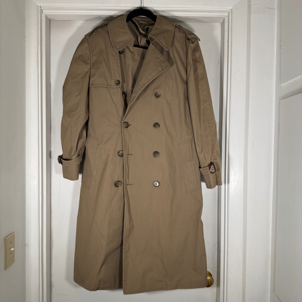 London Fog Trench Coat Khaki Double Breasted Long Overcoat Classic Size 38